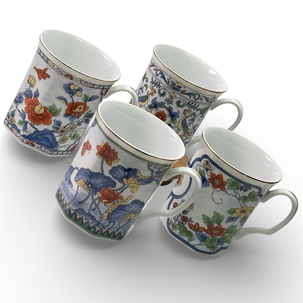 Japanese Vintage Set of 4 Octagon Shaped Gold Trim Coffee Tea Cups Floral 3.5" - Picture 2 of 8